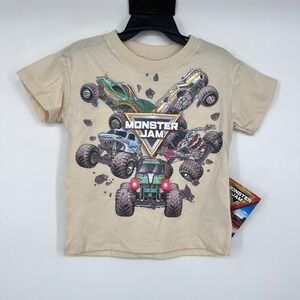 NWT Monster Jam Graphic T-Shirt Kids 2T Beige Grave Digger Megalodon Cotton Tee